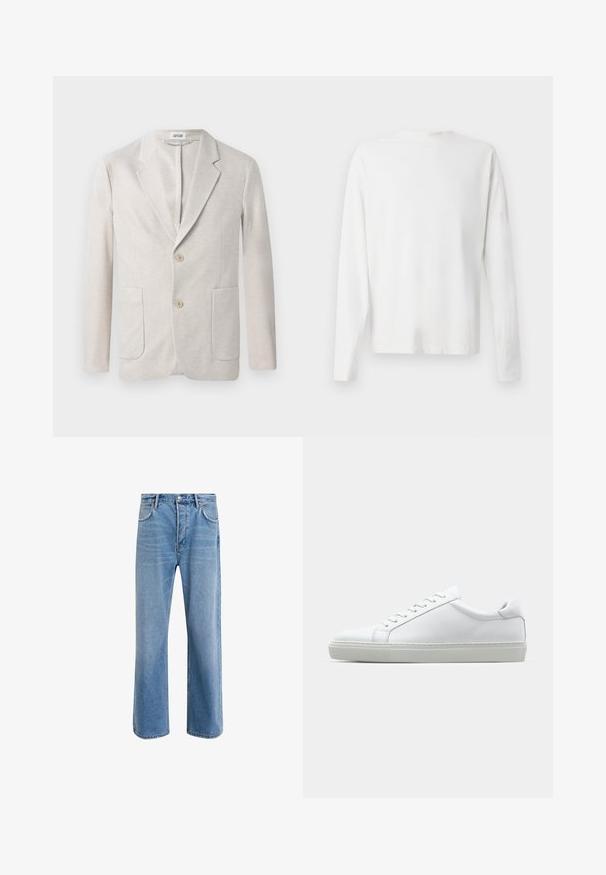 Béžová pletená sako s jednoradovým dizajnom, klopovým golierom, dvoma prednými vreckami a dvoma gombíkmi na zapínanie. Hladká textúra.; Biela bavlnená košeľa s dlhými rukávmi a okrúhlym výstrihom, s bočnými rozparkami na spodku a hladkou textúrou, zobrazená zozadu.; Svetlo modré denimové džínsy so strihom rovného nohu, päť vreciek, zapínanie na gombík, minimálne vyblednutie a kontrastné švy.; Biele tenisky s hladkým koženým zvrškom a nízkym profilom. Majú zaoblenú špičku, šesť očiek a štruktúrovanú gumovú podrážku.