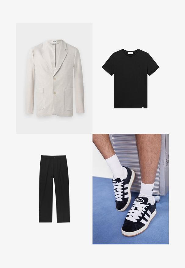 Bežna pletena blazer jakna z enojnim zapenjanjem, z izrezanimi reverji, dvema sprednjima žepoma in dvema gumboma. Gladka tekstura.; Črn kratkolasasti T-majica iz bombaža z okroglim izrezom in majhnim logotipom vezenim na prsih. Gladka tekstura, standardna prileganja.; Črne hlače z ravnim krojem, narejene iz gladkega materiala. Imajo sprednje gube in enojno zaponko na pasu.; Črne semiš teniske z belimi vezalkami in tremi belimi črtami. Imajo okroglo črno oznako na jezičku in gumijast podplat.