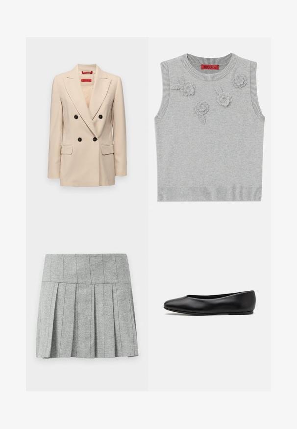 Bež sako s dvostrukim kopčanjem, klapavim reverima, crnim dugmadi i dva prednja džepa. Ima krojeni dizajn i glatku teksturu.; Svijetlosivi bezrukavni pulover s rebrastim ovratnikom i rubom. Sadrži tri teksturirane cvjetne aplikae sprijeda. Brend: MAX&Co.; Siva plisirana suknja napravljena od tkanine s uzorkom riblje kosti; ima strukturiranu pasicu i ravni kroj na dnu.; Paul Smith TOPANGA - Balerinke - black