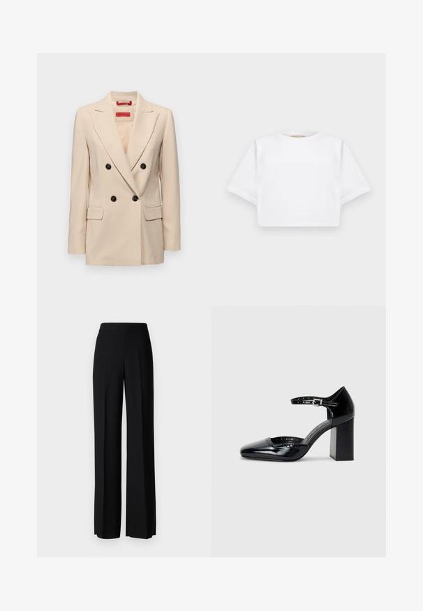 Blazer beige à double boutonnage avec un col cranté, des boutons noirs et deux poches avant. Présente un design ajusté et une texture lisse.; T-shirt blanc court en tissu doux, avec des manches courtes, un col rond et des détails en côtes sur l'ourlet. Design simple et sans embellissement.; Pantalons noirs à jambes larges avec une texture lisse, dotés d'une taille haute et de plis centraux. Pas de motifs visibles ni de détails en matériel.; Chaussures à talons hauts en cuir verni noir avec un bout carré, une bride de cheville et un talon épais. Comprend des détails perforés le long du bord.
