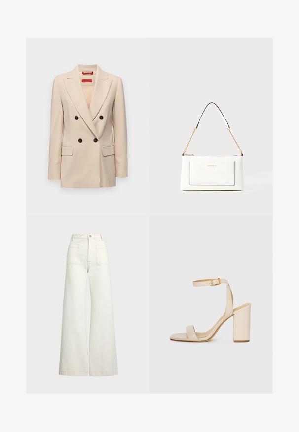 Beige dubbelknäppt blazer med slagkrage, svarta knappar och två framfickor. Har en skräddarsydd design och jämn textur.; Vit ärmlös sweater gjord av mjuk bomull, med en ribbad nederkant och en liten marinblå logga på nedersta vänstra delen. Enkelt design, utan mönster.; Vida jeans i off-white denim. Hög midja med knappstängning, två framfickor och kontrastsömnadsdetaljer.; Beige högklackad sandalett med fyrkantig tå, tunn ankelrem och klack. Slät lädertextur med detaljer i guld.; Vit läderhandväska med texturerad yta, med guldkedjeslinga och svarta accenter. Inkluderar en framsida ficka och dragkedjestängning.