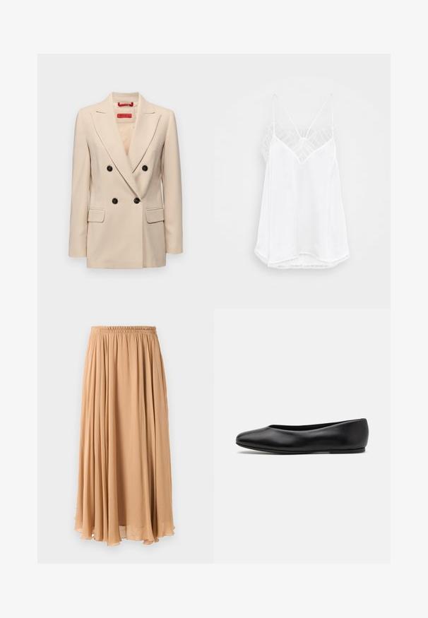 Beige dobbeltbrystet blazer med en klapkrave, sorte knapper og to forlommer. Har skræddersyet design og glat tekstur.; Hvid camisole med v-udskæring, tynde stropper, teksturerede blonde detaljer ved skuldrene og en buet nederkant. Glat stoftekstur.; Maxi nederdel i lys beige, lavet af let stof. Har en indsamlet elastisk talje og bløde pliser for bevægelse.; Paul Smith TOPANGA - Ballerinasko - black