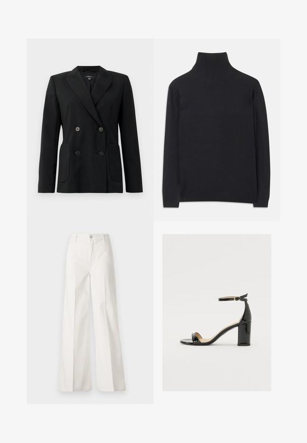 Črn dvoredni blazer iz strukturirane tkanine, z ovratnikom tipa notch, dvema sprednjima žepoma in štirimi črnimi gumbi.; Črn pulover z visoko ovratnikom, izdelan iz mehkega materiala. Ima dolge rokave, visoko ovratnik ter rebraste manšete in rob, kar daje prilegajoč videz.; Bele široke hlače iz bombaža z gladko teksturo. Imajo gumb spredaj, zadrgo in zasnovo z štirimi žepi.; Črne patentirane sandale s široko peto, odprtim prstom in trakovi okoli gležnja, ki imajo zlat zajemalec. Gladka tekstura in eleganten dizajn.