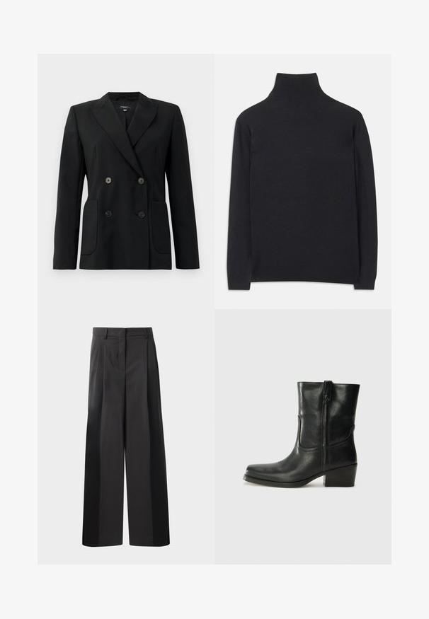 Blazer negru cu două rânduri de nasturi, realizat dintr-un material structurat, având rever cu decupaj, două buzunare frontale și patru nasturi negri.; Pulover negru cu guler înalt, fabricat dintr-un material moale. Are mâneci lungi, un guler înalt și manșete și tiv cu dantelă pentru un aspect ajustat.; Pantaloni negri cu talie înaltă, cu picioare largi, având pliseuri frontale, o textură netedă și un finisaj croit. Concepuți pentru o croială relaxată.; Botine din piele neagră, cu vârf rotund, toc pătrat, fermoar pe lateral și accente de cusături pe partea superioară. Textură netedă, design clasic.
