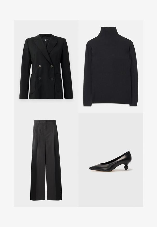 Sort dobbeltradet blazer lavet af struktureret stof, med klapkrave, to forlommer og fire sorte knapper.; Sort turtleneck sweater lavet af blødt stof. Har lange ærmer, en høj hals, og ribbede manchetter og kant for et stramt look.; Sort brede bukser med høj talje, med folder foran, en glat tekstur og en skræddermæssig finish. Designet til en afslappet pasform.; Sort læder høje hæle med spids tå og rund, kugleformet hæl. Glat tekstur med et stilrent, minimalistisk design.