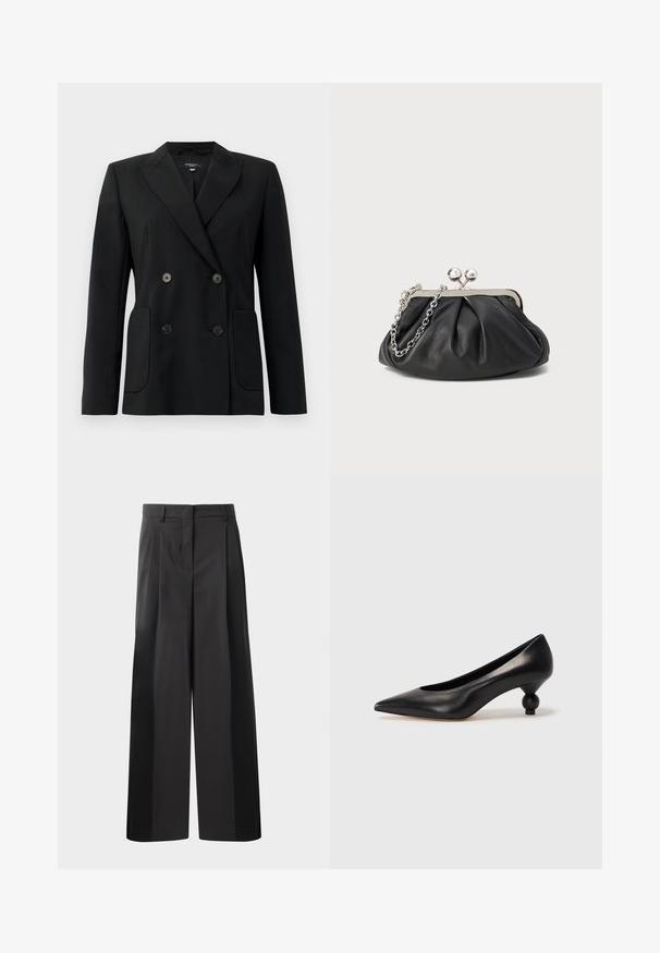 Mustvalge topeltkinnitatud bleiser, mis on valmistatud jäigast kangast, millel on kraed, kaks esist pocketit ja neli musta nööpi.; Must zwart pullovers, mis pehmeast kangast. Omab pikki varrukaid, kõrget kaelanupukest ning soonikute äärte ja alläärtega, et tagada mugav istuvus.; Mustad laiad püksid kõrge vöökohaga, millel on ees voldid, sile tekstuur ja õmmeldud viimistlus. Kujundatud lõdva istuvuse saavutamiseks.; Must musta kõrge kontsaga king, millel on terav nina ja ümar, pallikujuline konts. Sile pind ja elegantne, minimalistlik disain.; Musthave musta nahast käekott, millel on volditud tekstuur, hõbedane metallraam, lukustatud sulgemismehhanism ja kett. Sile ja pehme pind.