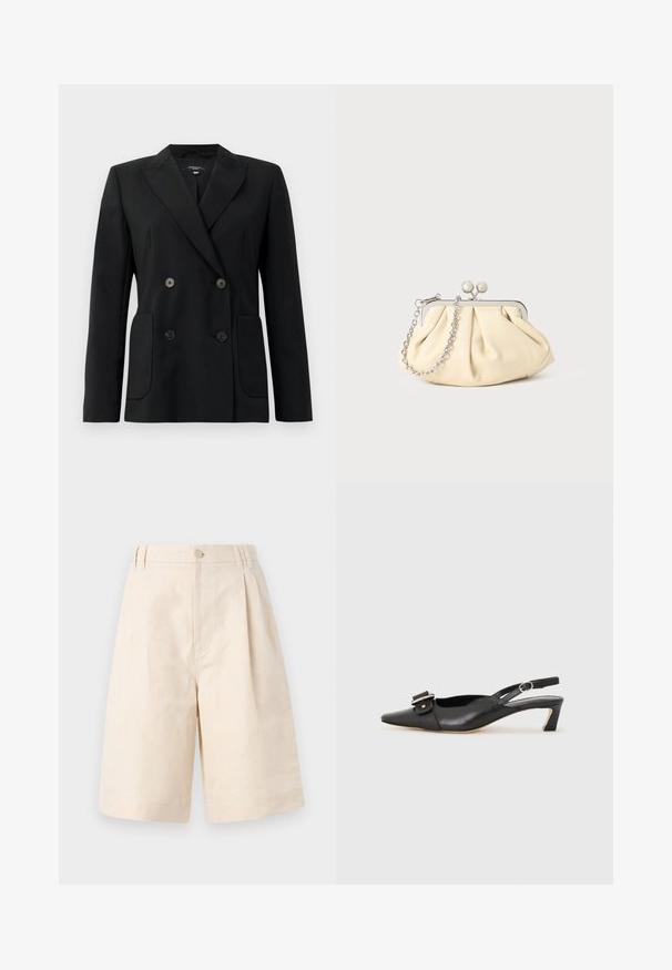 Blazer negro de doble botonadura, hecho de una tela estructurada, con solapas de muesca, dos bolsillos frontales y cuatro botones negros.; Suéter negro de punto de manga corta con escote redondo. Presenta una textura acanalada y un dobladillo recto. Etiqueta en el interior del cuello.; Pantalones cortos de lino beige con un ajuste relajado, que presentan un cierre de botón, diseño plisado y corte hasta la rodilla. Textura suave y estilo simple.; Zapato slingback de cuero negro con punta afilada, tacón pequeño y detalle de hebilla decorativa en la parte superior. Textura suave, diseño minimalista.; Clutch de cuero beige plisado con un marco de metal plateado, que cuenta con dos broches decorativos redondos y una correa de cadena plateada.