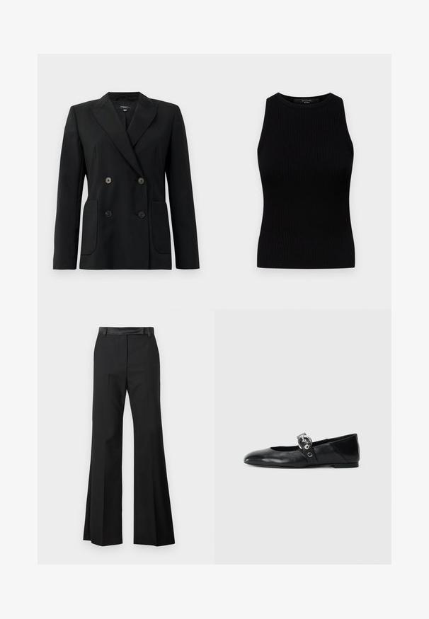 Blazer negru cu două rânduri de nasturi, realizat dintr-un material structurat, având rever cu decupaj, două buzunare frontale și patru nasturi negri.; Weekend Max Mara OLIMPO - Top - nero; Pantaloni negri evazați cu un finisaj neted, având un brâu solid și pliuri presate pentru un aspect ajustat.; Balerini din piele neagră, cu vârful ascuțit, având o curea cu o cataramă metalică circulară și o talpă plată.