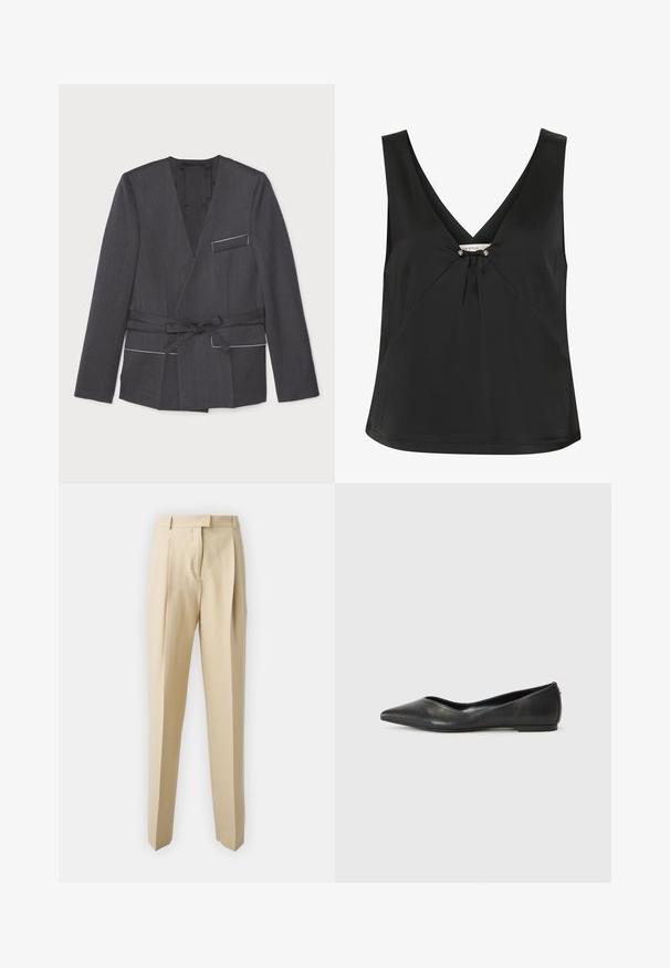 Szürke, textúrált anyagból készült, átkötött dzseki, hosszú ujjakkal, deréknál övvel és egyetlen, fehér szegéllyel díszített mellzsebből áll.; Fekete ujjatlan felső V-nyakkal, díszes csomóval és ezüst színű részletekkel a középen, sima, elegáns anyagból készült.; Beige szabott nadrág egyenes szabással, pliszékkel, derekújjjal és sima felülettel. Nincsenek látható zsebek vagy díszítések.; Fekete bőr balettcipő hegyes orral, alacsony sarkú és sima textúrájú. Minimális dizájn, diszkrét oldalsó akcentussal.