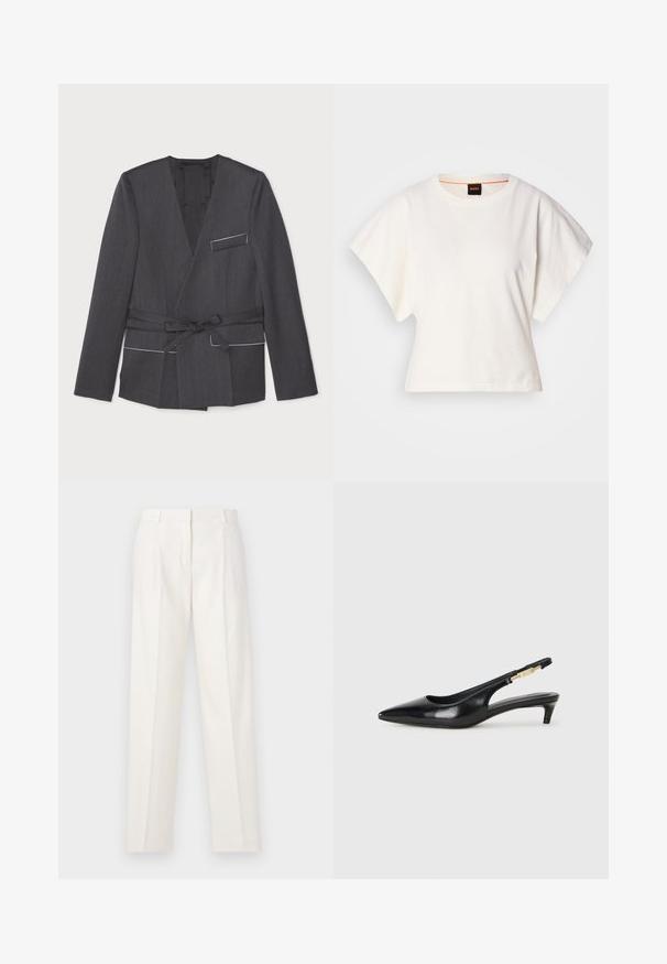 Szürke, textúrált anyagból készült, átkötött dzseki, hosszú ujjakkal, deréknál övvel és egyetlen, fehér szegéllyel díszített mellzsebből áll.; Fehér, rövid, bő ujjú, crop szabású póló, puha pamut anyagból, kerek nyakkivágással, finom narancssárga díszítéssel, minimalista dizájn, minta vagy grafika nélkül.; Fehér, lenvászon nadrág, egyenes szabással, elöl dupla redőkkel és sima textúrával. Nincsenek látható zsebek vagy fémhuzalok.; Fekete bőr slingback magassarkúk, hegyes orral, vékony sarkakkal és arany színű részlettel a állítható pánton. Simа felület.