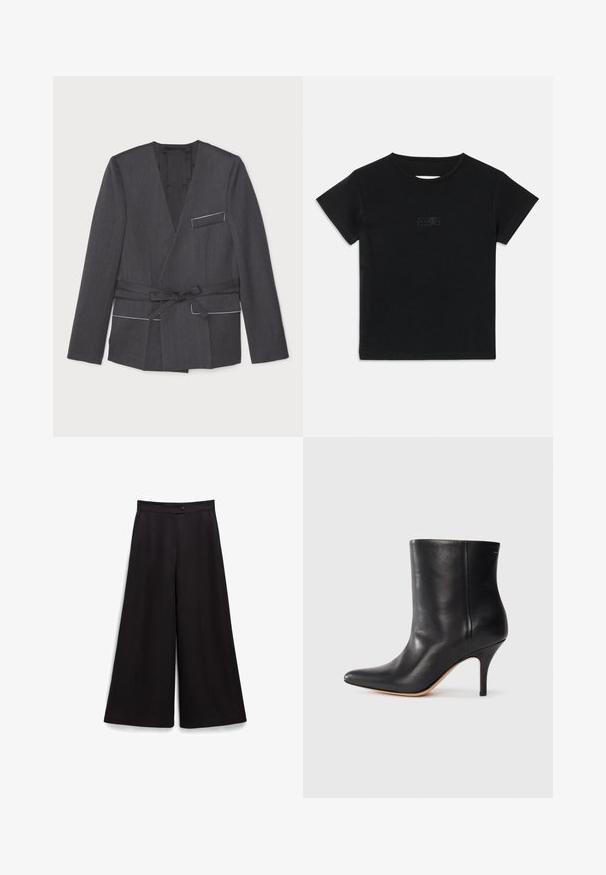 Casaco cinza envolvente feito de tecido texturizado, com mangas compridas, um cinto na cintura e um único bolso no peito com acabamento branco.; T-shirt preta de algodão com mangas curtas, decote redondo e uma pequena estampa gráfica numa tonalidade mais clara na frente.; Calças largas pretas com uma textura suave, fecho de botão na cintura e um corte descontraído. Sem padrões ou acentos visíveis.; Botim de tornozelo em pele preta com biqueira pontiaguda, salto fino em stiletto e textura suave. Design minimalista sem hardware ou detalhes visíveis.
