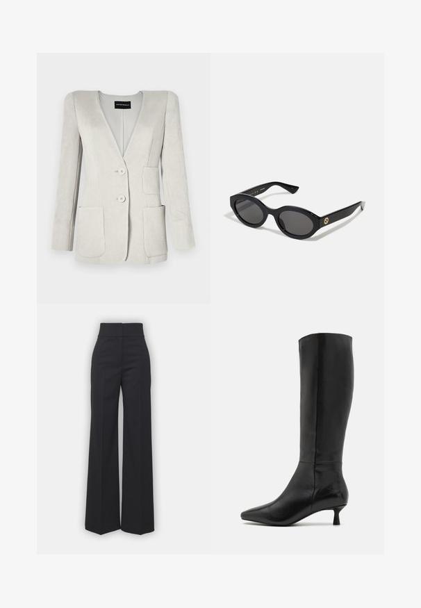 Světle šedý kordurový blejzr s hlubokým V výstřihem, dvěma předními kapsami a dvěma knoflíky. Disponuje texturovaným povrchem a tvarovanými rameny.; Bílá košile s dlouhými rukávy, se klasickým límcem, strukturovaným střihem a jemnými vertikálními švy pro zvýšení detailu.; Kalhoty s širokými nohavicemi z černé tkaniny s vysokým pasem, které mají čistý vzhled a hladkou strukturu. Bez viditelného kování nebo vzorů.; Zign Vysoká obuv - black; Černé oválné sluneční brýle s tmavými skly a lesklým plastovým rámem. Obsahují zlaté logo na straně, které poskytuje elegantní a moderní design.