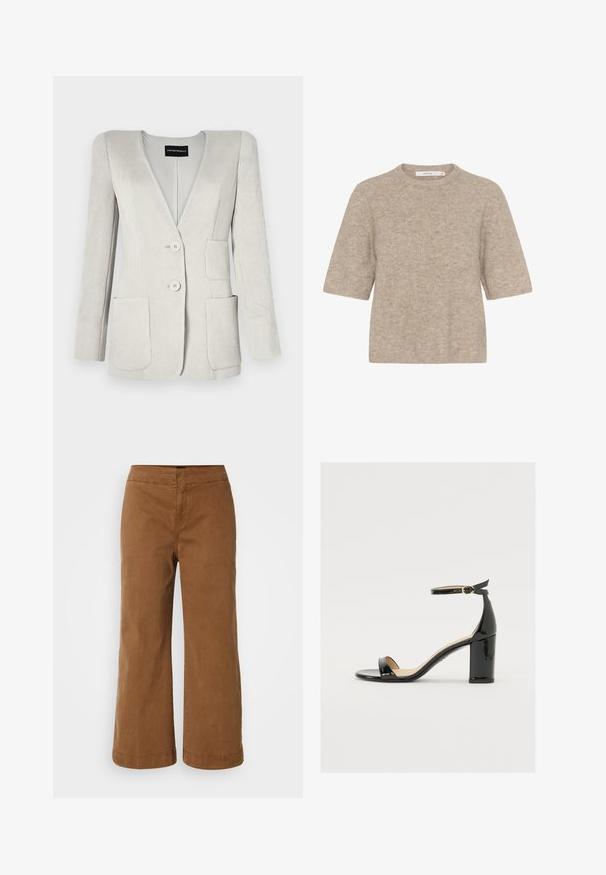 Šviesiai pilkas kordūrojo bleizeris su giliu V-formos iškirpimu, dviem priekinėmis kišenėmis ir dviem sagomis. Pasižymi tekstūruotu paviršiumi ir struktūruotais pečiais.; Smėlinis trumpomis rankovėmis megztinis, pagamintas iš švelnaus mezginio, su apvalia iškirpte ir laisvu siluetu. Paviršius šiek tiek pūkuotas.; Rudos plačiakojai kelnės, pagamintos iš minkštos medžiagos su lygiu paviršiumi, turinčios aukštą liemenį ir siuvinėtus akcentus.; Juodas lakinės odos sandalai su plačiu kulnu, atvira koja ir kulkšnies juostele, turinčia auksinę sagtį. Lygi tekstūra ir elegantiškas dizainas.
