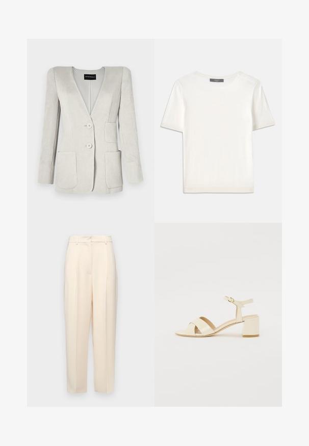 Lichtgrijze ribfluweel blazer met een diepe V-hals, twee voorzakken en twee knopen. Beschikt over een gestructureerde afwerking en aangeklede schouders.; Witte gebreide top met korte mouwen en een ronde halslijn, met een gladde textuur en subtiele ribgebreide accenten bij de mouwen en de zoom.; Beige op maat gemaakte broek met een rechte pasvorm, voorzien van plooien aan de voorkant, een gladde textuur en een middelhoge taille. Geen zichtbare zakken.; Beige gepolijst lederen sandalen met hakken, voorzien van een kruisbandontwerp, open teen, verstelbare enkelband en een blokhak. Gladde textuur.