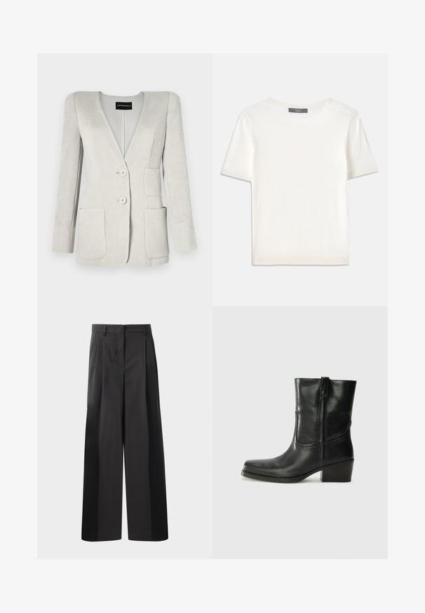 Svetlo sivi kordurov jakna z globokim V-izrezom, dvema sprednjima žepoma in dvema gumboma. Ima teksturirano površino in strukturirane ramena.; Bela kratka pletena majica s kratkimi rokavi in okroglim izrezom, ki ima gladko teksturo in subtilne rebrovane detajle na rokavih in robu.; Črne široke hlače z visokim pasom, z oblikovanimi pregibi spredaj, gladko teksturo in natančno dodelavo. Oblikovane za sproščen fit.; Črne usnjene gležnjarje z zaobljenim nosom, blok peto, stransko zadrgo in šivanjem na vampu. Gladka tekstura, klasična zasnova.