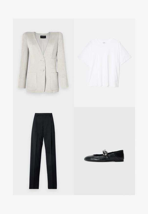 Světle šedý kordurový blejzr s hlubokým V výstřihem, dvěma předními kapsami a dvěma knoflíky. Disponuje texturovaným povrchem a tvarovanými rameny.; Bílý bavlněný tričko s krátkým rukávem, kulatým výstřihem, volným střihem a šitým lemem. Nálepka viditelná na vnitřní straně výstřihu.; Černé kalhoty vyrobené z hladké tkaniny, vybavené vysokým pasem, širokými nohavicemi, předními záhyby a klasickými poutky na opasek. Nejsou viditelné boční kapsy.; Černé kožené baletní střevíce s špičatou špičkou, vybavené páskem s kruhovou kovovou přezkou a plochou podrážkou.