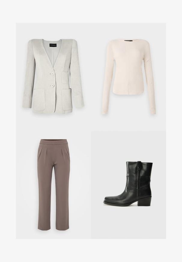 Blazer din corduroy gri deschis cu decolteu adânc în V, două buzunare frontale și două nasturi. Prezintă un finisaj texturat și umeri structurați.; Top cu mânecă lungă, de culoare bej deschis, cu decolteu rotund. Realizat dintr-un material moale, prezintă o cusătură centrală și un tiv ușor curbat. Fără elemente de prindere vizibile.; Pantaloni bej cu croi lejer, talie elastică și pliuri frontale, confecționați dintr-un material neted.; Botine din piele neagră, cu vârf rotund, toc pătrat, fermoar pe lateral și accente de cusături pe partea superioară. Textură netedă, design clasic.