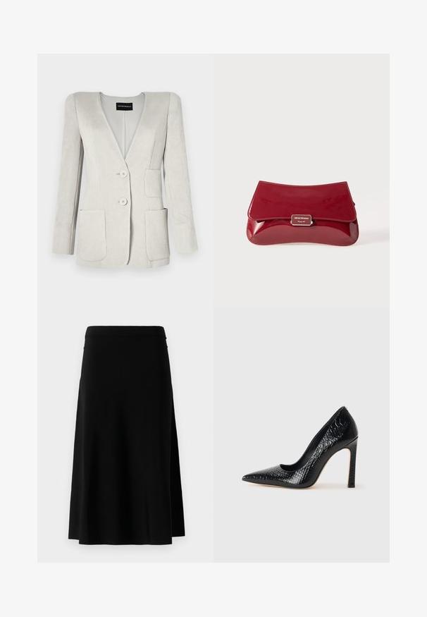 Gai pelēks korduroja žakets ar dziļu V-veida kaklu, divām priekšējām kabatām un divām pogām. Tam ir teksturēta virsma un strukturēti pleci.; Melna tops ar plānām spaghetti siksniņām, izgatavots no ribota auduma, ar taisnu griezumu un uzrakstu uz kakla izgriezuma "IVY OAK."; Melnas ceļgalu garuma svārki ar taisnu griezumu un sānu iedobi, izlikti uz baltā fona.; Melni augstpapēžu apavi ar norādītu purngalu, ar krokodila ādas tekstūru, izceļoties ar elegantu dizainu, augstu stiletto papēdi un gludu melnu interjeru.; Sarkans laka ādas clutch kabatas maisiņš ar izliekta dizaina, locīšanas vāku un metāla logotipa akcentu uz sudraba plāksnes. Gluda, spīdīga tekstūra.