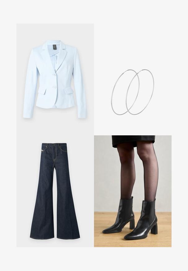 Light blue tailored blazer with notched lapels, two front pockets, two buttons, and a smooth texture. Lined interior with a minimalist design.; Two sleeveless tops in black and white. Made of soft, stretchy fabric with a ribbed texture and a fitted design. Features narrow straps.; Dark blue flared jeans made of denim, featuring a high waist, gold stitching accents, and two front pockets with a button closure.; Black leather ankle boots with a pointed toe, chunky square heel, and sleek design. Features elastic side panels for easy wear.; Silver hoop earrings with a minimalist design. Circular shape, smooth texture, and thin profile. Lightweight with a polished finish.