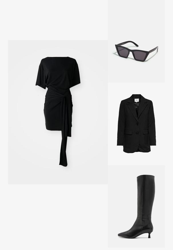 ONLY NADELSTREIFEN - Rövid kabát - black; Fekete ruha laza szabású felsőrésszel, átkötős derék részletekkel és drapériás szoknyával. Simító anyagból készült, egyenes vonalú szabással és rövid ujjakkal.; Zign Csizmák - black; Fekete, szögletes napszemüveg szürke lencsékkel; műanyagból készült, vastag karokkal, sima felülettel és látható hardver nélkül.