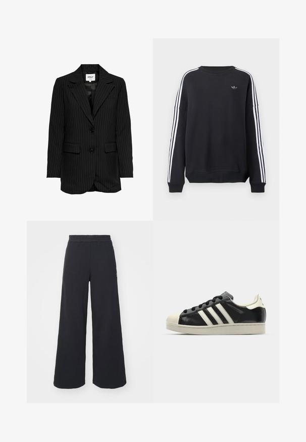 ONLY NADELSTREIFEN - Short coat - black; Black sweatshirt with long sleeves, white stripes running down each arm, and a small gray logo on the chest. Cotton material, casual fit.; Black wide-leg sweatpants made from soft fabric, featuring an elastic waistband and a small logo on the left side.; Black leather sneaker with white stripes, rubber toe cap, black laces, and a cream-colored outsole. Smooth texture with shiny finish.