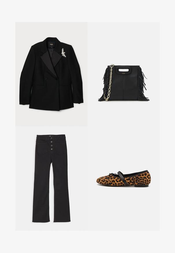 Maje Blézer - noir; Sötétkék bordázott póló, hegyes gallérral, rövid ujjakkal és két elülső zsebbel, amelyek patentgombokkal záródnak; fehér varrási díszítésekkel kiemelve.; Fekete, bővülő szárú farmernadrág, magas derékkal, öt zsebes dizájnnal és elöl négy fémből készült gombbal záródik.; Leopárd mintás balett cipők fekete részletekkel, kerek orral, lapos talppal és díszes masnival az elején. Puha tapintású.; Fekete bőr kézitáska, frufrus részletekkel, arany láncos vállpánttal és kivágott fogantyúval. Az elülső részen logó található.