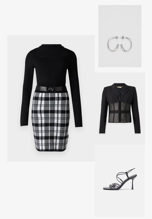 Svart strukturerad blazer med långa ärmar, spetsig krage och en transparent mesh-bodice. Har ett märkes-band i elastan vid midjan.; Svart långärmad topp med figurnära design, kombinerad med en svartvit rutig pennkjol med ett bälte med cirkulära metalldetaljer.; Svarta högklackade sandaler har tunna remmar med en knuten design, en slät fyrkantig tå och en smal stilettklack.; Ljusgrå metallisk handväska med kedjestropp, prydd med små cirkulära metallnitar och en triangulär logotyp.; Silver hoopsörhängen med en slät, glänsande yta, med en böjd form och post-stängning. Minimalistisk design med en modern finish.