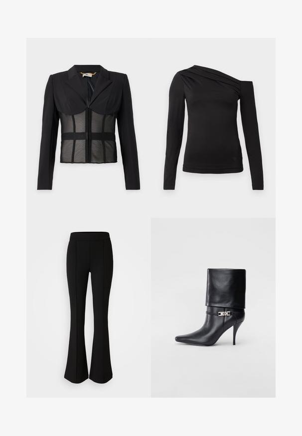 Musta rakenteellinen bleiseri pitkähihaisilla, teräväkauluksella ja läpinäkyvällä säkkikankaalla. Varustettu brändätyllä elastisella nauhalla vyötäröllä.; Musta pitkähihaistepaita, jossa on epäsymmetrinen kaula-aukko, yksi olkapää paljaana ja hellästi laskeutuva kangas rinnan alueella.; Mustat levenevät housut, jotka on valmistettu joustavasta materiaalista, jossa on sileä pinta. Housuissa on saumurivia etupuolella lisäsuunnittelua varten.; Musta nahkasaapas nilkkapituudella, teräväkärkinen, korkea stiletto-korko, käännettävä varsi ja kultainen koristeellinen solki nilkassa.