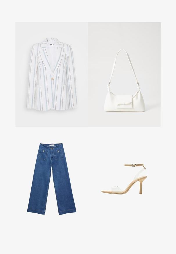 Prugasta blazer v beli, modri in rjavi barvi. Ima eno gumbno zapiranje, zarejena ovratnika in dva sprednja žepa. Teksture tkanine.; Bela dolga majica s dolgimi rokavi iz rebraste tkanine, ki ima okroglo ovratnico in ravno rob. Preprost, enobarven dizajn.; Jeans širokih nogavic iz denima z medenim modrim pranjem, dvema sprednjima žepoma z gumbnimi zaprtji in šivanjem ob robovih.; Sandal z jasnim petnikom s prozornim zgornjim delom, bež podplatom in sivim trakcem okoli gležnja. Ima koničast nos in tanek visoki petek.; Bela sintetična torbica v obliki trikotnika, z ravnim sprednjim poklopcem in detajlom mašne, nastavljivim trakom, gladko teksturo in minimalističnim dizajnom.
