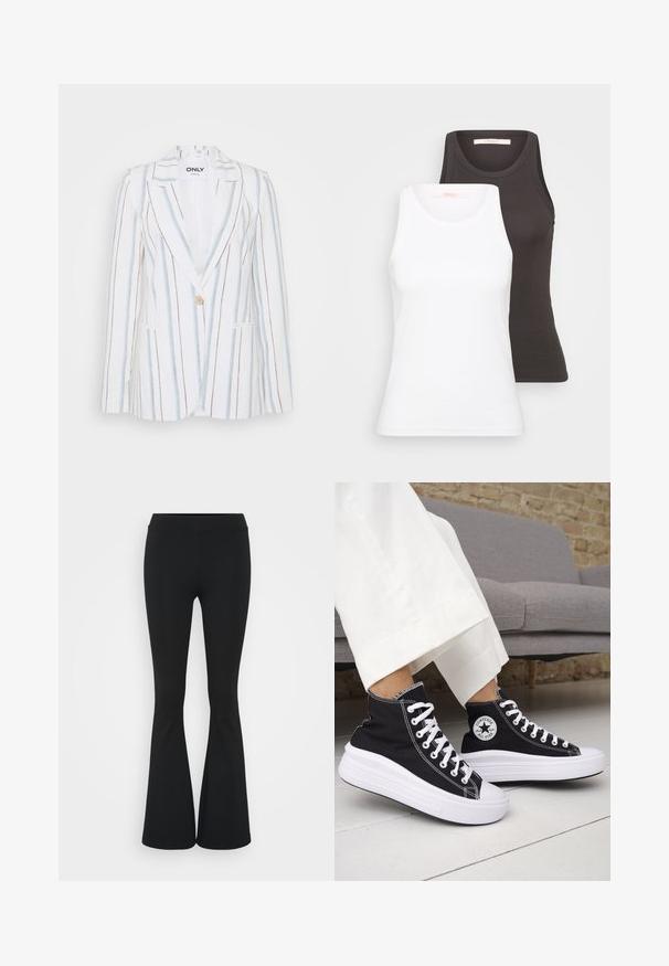 Striped blazer in white, blue, and brown. Features a single button closure, notched lapels, and two front pockets. Textured fabric.; Two tank tops in white and dark gray, featuring a ribbed texture, round necklines, and sleeveless design. Labels are on the inside neckline.; Black flared pants made of stretchy fabric, featuring a high waistband and a smooth texture. The pants flare out from the knee.; Black high-top sneakers with white rubber soles and laces. Features a round logo patch and contrasting white stitching. Canvas material.
