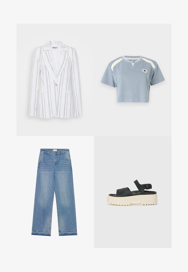 Triibuline bleiser valges, sinises ja pruunis. Omab ühte nupukinnitust, litseeritud krae ja kahte eesmist taskut. Tekstuurne kangas.; Heled sinine lühikeste varrukatega t-särk. Omab kreemikaid aktsente ja ümmargust logo rinnal. Ümmargune kaelus.; Heledu sinine kõrge vöökoht ja laia säärega teksapüksid nupuga kinnitamisel, ees taskud, vöörihmade aasad ja õrnalt kulunud detailid.; Mustad musta sametist platvormsandaalid, millel on paks valge tald, lai esirihm ja reguleeritav pahkluu nööpe. Tekstureeritud tallad haardevad.