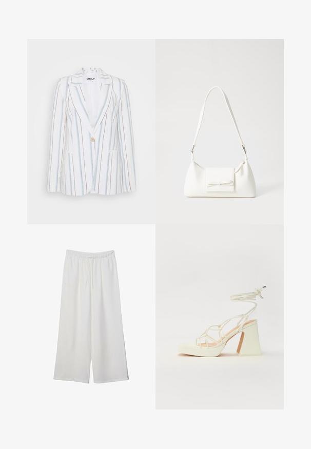 Pruhovaný blejzr v bílé, modré a hnědé barvě. Obsahuje jedno tlačítko na zapínání, klopu a dvě přední kapsy. Texturovaná tkanina.; Bílá tričko s krátkým rukávem a kulatým výstřihem, vyrobené z jemné bavlny, s jednoduchým a čistým designem bez viditelných vzorů nebo akcentů.; Bílé kalhoty s širokými nohavicemi vyrobené z lehké tkaniny, s elastickým pasem a stahovací šňůrkou pro nastavitelnou velikost. Hladká textura.; Bílé sandály na vysokém podpatku s robustním podpatkem, s designem s pásky a zavazováním kolem kotníku. Hladký povrch s platformou vpředu pro zvýšení výšky.; Bílá syntetická kabelka v trojúhelníkovém tvaru, s plochým předním klopným víkem a detailem mašle, nastavitelným popruhem, hladkým povrchem a minimalistickým designem.