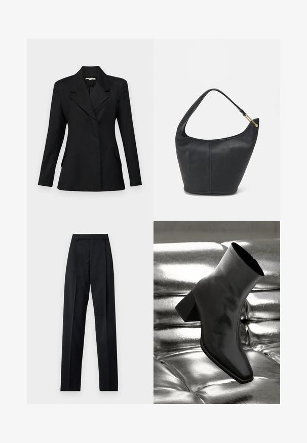 Sort struktureret blazer med klapkrave, lange ærmer og sidelommer. Fremstillet af et glat, letvægtigt stof med en skræddersyet pasform.; Hvid bomulds t-shirt med rund hals og korte ærmer, præsenteret i et afslappet fit og minimalistisk design. Etiketten er synlig ved halsen.; Sorte bukser lavet af glat stof, der har høj talje, brede ben, frontfolder og klassiske bælteløkker. Ingen synlige sidelommer.; Sorte ankelstøvler lavet af glossy materiale med firkantet tå og spidse hæle, sat mod en skinnende sølv tuftet baggrund.; Sort læderhandtaske med en rund form, bred rem og textured finish. Har en subtil sømdetalje og en hardware i gyldent tone.