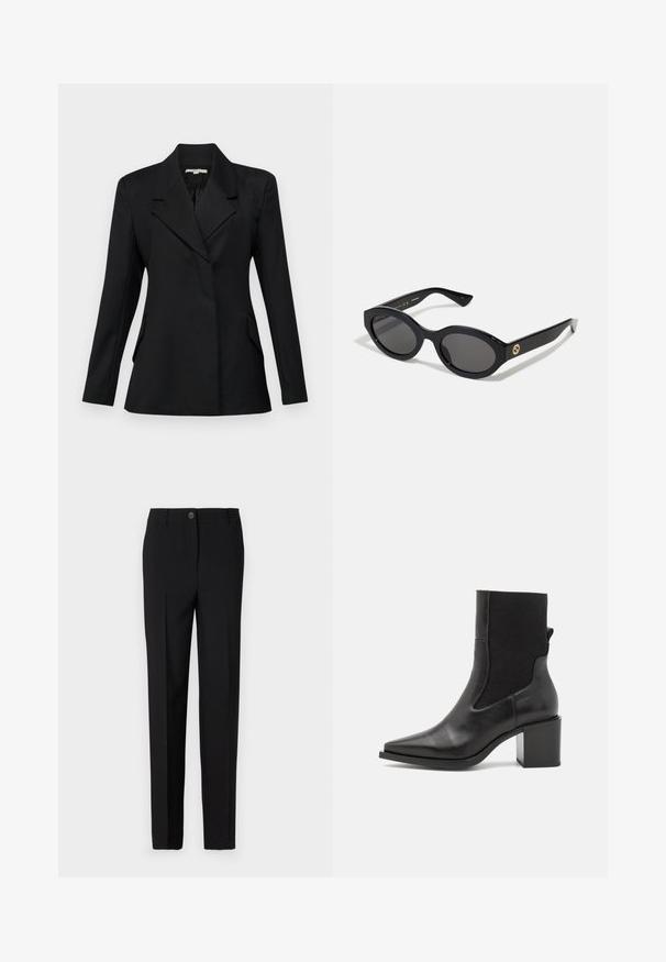 Musta, muotoiltu jakku, jossa on terävä kaulus, pitkät hihat ja sivutaskut. Valmistettu sileästä, kevyestä kankaasta, joka on muotoiltu istuvaksi.; Leopardikuvioinen pitkähihainen paita, jossa on korkea kaula, valmistettu joustavasta kankaasta. Hihnassa on vaalea pohja ruskeilla pilkuilla. Sileä rakenne, tiukka malli.; Mustat muotolahkeiset housut, joissa on suora lahkeiden muotoilu, varustettuna nappikiinnityksellä ja vyölenkeillä, valmistettu sileästä kankaasta.; Mustapohjaiset nilkkurit, joissa on terävä kärki, valmistettu sileästä nahasta ja joustavasta kankaasta. Varustettu palakorkolla ja minimalistisella muotoilulla.; Mustat soikeat aurinkolasit tummilla linsseillä ja kiiltävästä muovista valmistetulla kehällä. Varustettu kullanvärisellä logolla temppeleissä, tarjoten tyylikkään ja modernin muotoilun.; Sininen kuviollinen käsilaukku, joka on valmistettu kankaasta, ja siinä on kaareva muoto, musta nahkakahva sekä logo suunnittelu vaaleammassa sävyssä.