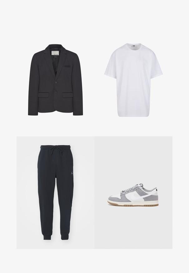 Črn blazer iz strukturirane tkanine, ki ima zarezo na ovratniku, dva sprednja žepa in zapiranje z eno gumbom. Minimalno oblikovanje.; Bela bombažna majica s kratkimi rokavi, okroglim izrezom, sproščenim krojem in brez vidnih logotipov ali vzorcev. Gladka tekstura in minimalen dizajn.; Črne trenirke iz mehkega materiala, z elastičnim pasom in vrvico, naborki na robovih in manjšim logotipom na levi stegn.; Sive in bele teniske s suknim in usnjem zgornjim delom, zaobljenim nosom, ravnimi vezalkami in gumijastim podplatom z dodatkom gumijaste barve.