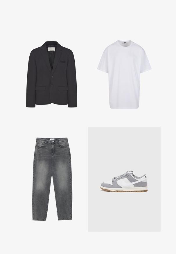 Černý blazer z pevné látky, s klopovým límcem, dvěma předními kapsami a zapínáním na jeden knoflík. Minimalistické provedení.; Bílé triko z bavlny s krátkým rukávem, kulatým výstřihem, volným střihem a bez viditelných log či vzorů. Hladká textura a minimalistický design.; Kalhoty s vysokým pasem, volného střihu, vyrobené z vybledlého černého denimu. Mají pět kapes, poutka na opasek a čistý, rovný střih nohavic.; Šedé a bílé tenisky s svrškem z jemné kůže a kůže, kulatou špičkou, plochými tkaničkami a gumovou podrážkou s akcentem v barvě gumy.