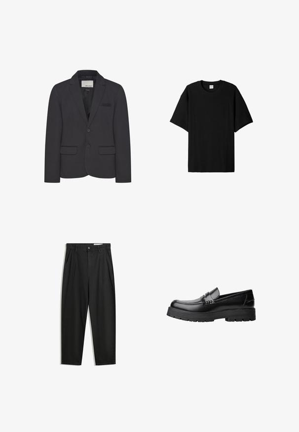 Črn blazer iz strukturirane tkanine, ki ima zarezo na ovratniku, dva sprednja žepa in zapiranje z eno gumbom. Minimalno oblikovanje.; Črna rebrasta majica s kratkimi rokavi in okroglim izrezom, ki ima sproščen kroj in teksturirano površino. Enostaven dizajn; brez grafik ali dodatkov.; Črne bombažne hlače s sproščenim krojem, ki vključujejo klasičen pas, sprednje gube in stranske žepke. Gladka tekstura brez vzorcev.; Črne usnjene loafersice s debelim profiliranim podplatom in dekorativnim pasom čez zgornji del, prikazane v levem stranskem profilu na beli podlagi.