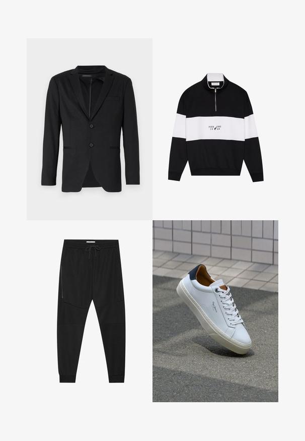 Must värviline jakk, millel on slim-fit lõige, kahe nupuga, krooneklappid ja küljetaskud. Valmistatud siledast kangast, millel on kerge tekstuur.; Pier One Pusa - jet black; Mustad mustad teksitootest valmistatud mustad treeningpüksid, millel on reguleeritav vöökoht, tõmblukuga küljetasku ja kitsenevad varrukad.; Valge nahast tennis, millel on tumesinine konts, ümmargune nina ja kontrastsed pruuni aktsendid. Omab lamepaelti ja tekstureeritud kummist tallat.