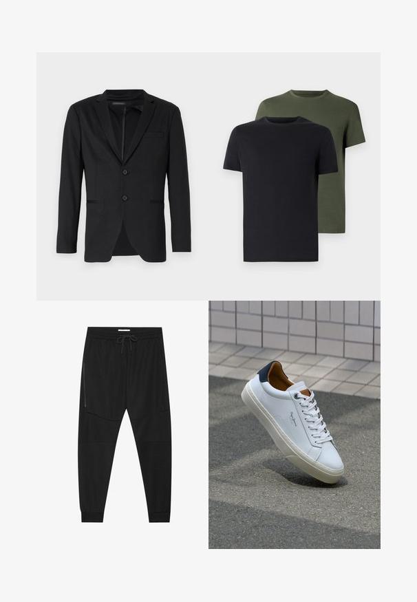 Black blazer with a slim fit, featuring two buttons, notch lapels, and side pockets. Made of smooth fabric with a subtle texture.; Two crew-neck t-shirts in black and olive green, made of soft cotton fabric. The design is simple with short sleeves and a straight cut.; Black athletic pants made of textured fabric, featuring an adjustable waistband, zippered side pocket, and tapered cuffs.; White leather sneaker with a navy heel, round toe, and contrasting brown accents. Features flat laces and textured rubber sole.