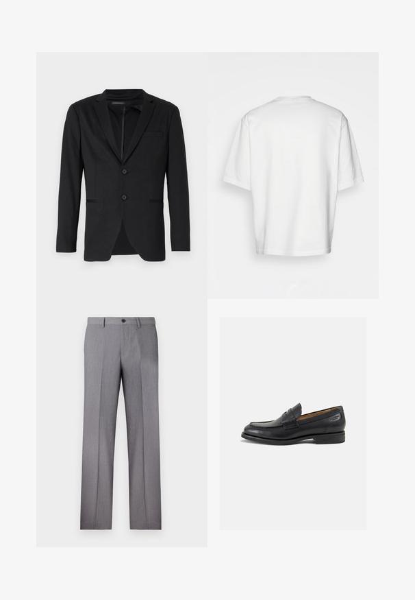 Zwarte blazer met een slim fit, voorzien van twee knopen, notch revers en zijzakken. Gemaakt van een gladde stof met een subtiele textuur.; Witte t-shirt met korte mouwen, losse fit, ronde halslijn, gladde katoenen stof, ongeversierde achterkant, rechte zoom, geen patronen of accenten.; Grijze op maat gemaakte broek met een platte voorkant, twee zijzakken en een enkele knoopsluiting. Glad textuur met een subtiel streepjespatroon.; Zwarte leren loafers met een gladde afwerking, ronde neus en decoratieve stiksels op de wreef. Lage gestapelde hak en een lichte glans.