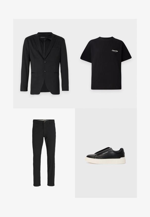 Zwarte blazer met een slim fit, voorzien van twee knopen, notch revers en zijzakken. Gemaakt van een gladde stof met een subtiele textuur.; Zwarte katoenen t-shirt met een ronde hals, korte mouwen en kleine witte logo-tekst op de linkerkant van de borst. Eenvoudig ontwerp, klassieke pasvorm.; Zwarte katoenen broek van een katoenmix met een slim fit, voorzien van een knoopsluiting, zakken en opgerolde mouwen voor een casual afwerking.; Zwarte slip-on sneaker met een gestructureerde leren bovenkant, witte rubberen zool en geen zichtbare veters. Beschikt over het merkembleem aan de zijkant.