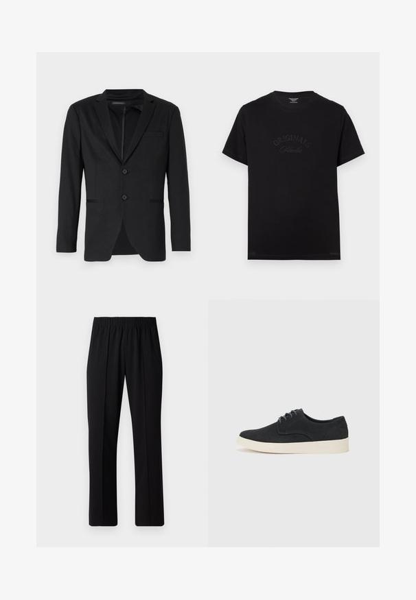 Black blazer with a slim fit, featuring two buttons, notch lapels, and side pockets. Made of smooth fabric with a subtle texture.; Black cotton t-shirt with short sleeves and a round neckline. Features "ORIGINALS Studio" embossed in tonal lettering on the front.; Black, elastic-waist trousers with a straight-leg design, featuring a smooth texture and no visible patterns or hardware.; Black suede lace-up shoe with a rounded toe, lightweight cream sole, and subtle blue stitching accents on the upper.