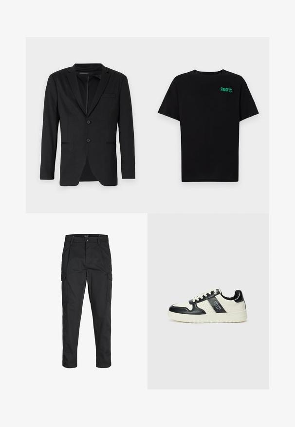 Svart blazer med slim fit, som har to knapper, notcheslags og sidelommer. Laget av glatt stoff med en subtil struktur.; svart t-skjorte laget av bomull med korte ermer. Har et grønt "ROOTS"-logo på forsiden, rund halsutringning og standard passform.; Sorte cargo bukser laget av slitesterkt stoff, med flere lommer, knappelukking og en slim fit-design med avsmalnede ben.; Lædersneakers med sort og creme farveskema, der har perforerede detaljer, en polstret krave og en struktureret ydersål.