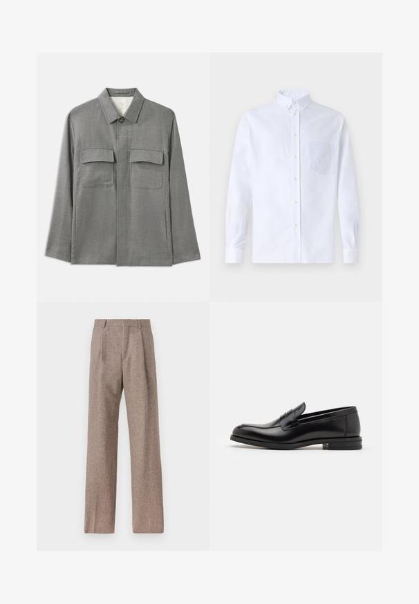 Halline hall ülikondlik jakk, mis on valmistatud tekstuurist kootud kangast, millel on nuppude sulgemine, terav krae ja kaks rinna taskut. Klassikaline sirge lõikega disain.; Valge pikamaa varrukatega nööbiga särk, mis on valmistatud puuvillast ja millel on rinna tasku toon-toonis brodeeringuga, krae ja nööbiga mansetid.; Prunnid, kõrge vöökohaga püksid, mis on valmistatud tekstureeritud kangast. Omavad laiu jalgu ja kahte eesmist voldikut struktuuri jaoks. Korralik viimistlus, ilma nähtava riistvarata.; Mustad mustad nahast loafers sileda tekstuuriga, ümarat ninaosa ja dekoratiivne riba vampi üle. Madal kihiline konts, minimalistlik disain.