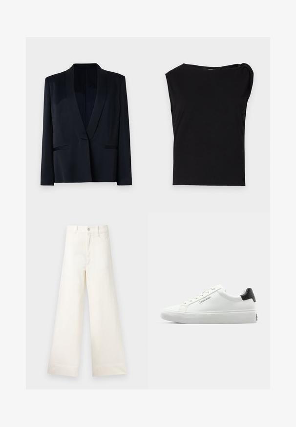 Must)riid must ülikond, millel on krae, üks nupuga sulgemine, kaks eesmist taskut ja sile kangastekstuuri. Mitte mingisuguseid nähtavaid mustreid ega kaunistusi.; Must be pime mustaga lühikese varrukaga topp, mis on valmistatud sileda kangaga. Omab ringikujulist kaeluse ja õlariba detaili. Lihtne, keha järgiv disain.; Laiad püksid heleses puuvillas. Omavad kõrget vööd, ees on taskud ja sirge lõige. Puhtad ääred ilma mustriteta.; Valge tennisekenks, millel on sile viimistlus, must kontsatarvik ja paelaga disain. Küljel on "Calvin Klein" bränditus. Minimalistlik stiil.