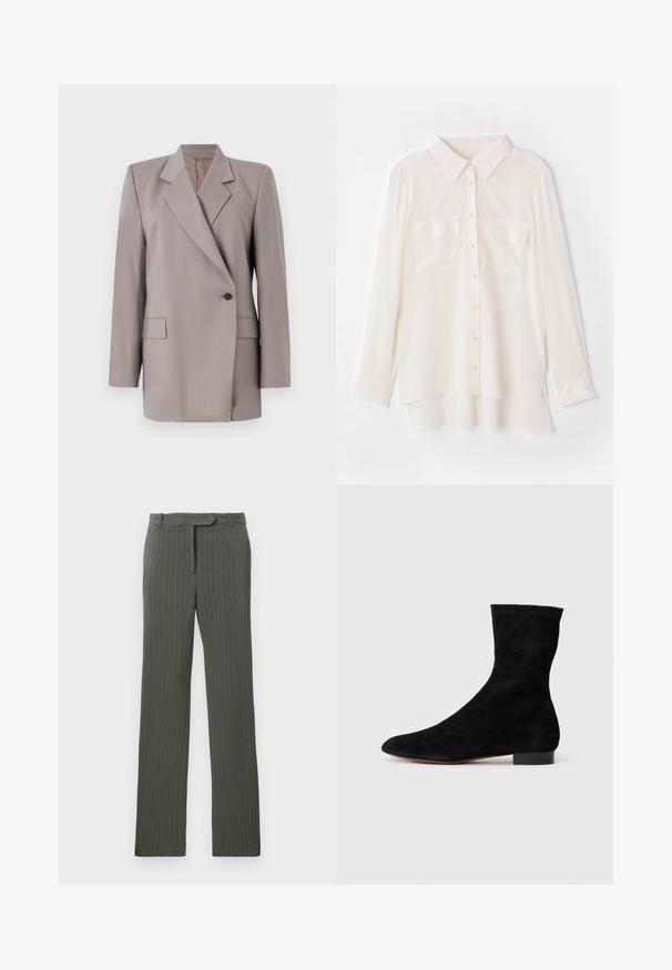 Tiger of Sweden ELIWIRAA - Blazer - mole; White button-up shirt made of lightweight fabric. Features a classic collar, two chest pockets, and a slightly longer back hem.; Dark gray pinstripe tailored trousers with belt loops and a straight-leg fit laid flat on a white background.; Black suede ankle boot with a fitted shaft, pointed toe, and a low block heel. Smooth texture and minimalistic design, suitable for versatile styling.