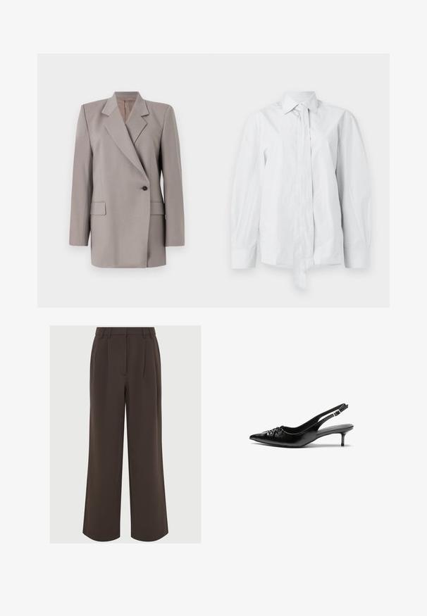 Tiger of Sweden ELIWIRAA - Blejzer - mole; Biela, dlhá košeľa s klasickým golierom a predlženou mašľou. Vyrobená z hladkej látky, má uvoľnený strih a žiadne vzory.; Hnedé nohavice s širokými nohavicami vyrobené z hladkej látky. Obsahujú plisovanie vpredu a upravený pás s pútkami na opasok pre nastavenie.; Čierne kožené slingback podpätky s ostrou špičkou, malým podpatkom a dekoratívnym uzlom vpredu. Hladký povrch po celom obvode.
