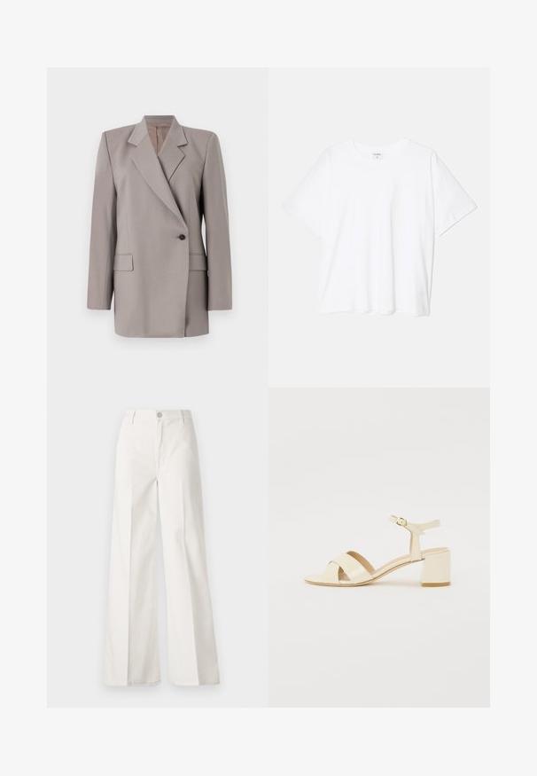 Tiger of Sweden ELIWIRAA - Žakete - mole; Balta kokvilnas T-krekls ar īsām piedurknēm, apaļu dekoltē, brīva piegriezuma un šūtu apakšmalu. Etiķete redzama iekšējā kakla daļā.; Baltas platfita bikses, izgatavotas no kokvilnas ar gludu tekstūru. Aprīkotas ar priekšējo pogu, rāvējslēdzēju un četru kabatu dizainu.; Bežīgi patentēti ādas sandalītes ar krustenisku siksnu dizainu, atvērtu pirkstu, regulējamu potītes siksnu un bloku papēdi. Gluda tekstūra.