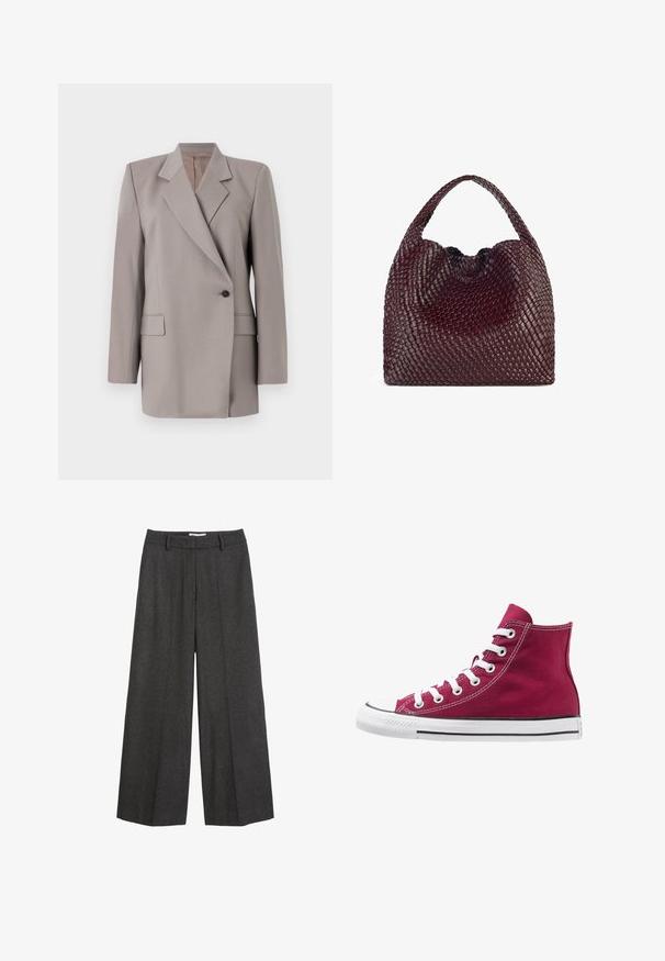 Tiger of Sweden ELIWIRAA - Suknjič - mole; Siv majica s kratkimi rokavi, narejena iz mehkega, teksturiranega materiala; ima klasičen krožni ovratnik in sproščen kroj brez vzorcev ali logotipov.; Široke hlače iz temnosive tkanine. Imajo krojaški pas z obročki za pas, gladko teksturo in minimalne šive.; Visoke teniske iz bordo platna z belimi vezalkami, gumijastim zaščitnikom na prstih in črno črto ob robu. Tekstura šivanja poudarja oblikovanje.; Tkanina burgundska torbica z zaobljeno obliko in enim ročajem, s teksturirano površino in elastičnim zaveznim zapiranjem.