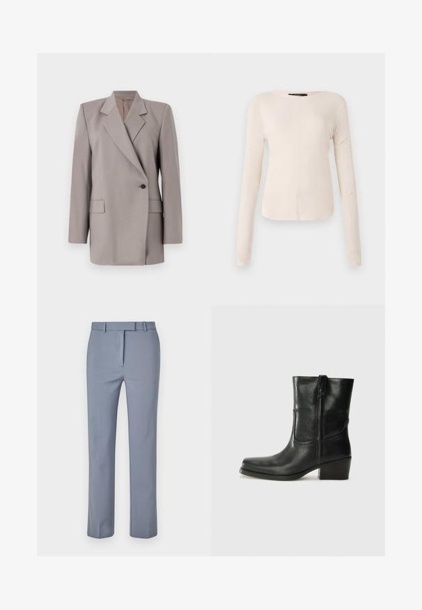Tiger of Sweden ELIWIRAA - Blazer - mole; Langærmet, lys beige top med rund halsudskæring. Lavet af blødt stof, har en central søm og let buet kant. Der er ingen synlige metaldele.; Lyseblå bukser lavet af glat stof, med flad frontdesign, bælteløkker og en skræddersyet pasform med lige ben.; Sort læder ankelstøvle med rundt tå, blokhæl, lynlås i siden og stikninger på vampsiden. Glat tekstur, klassisk design.